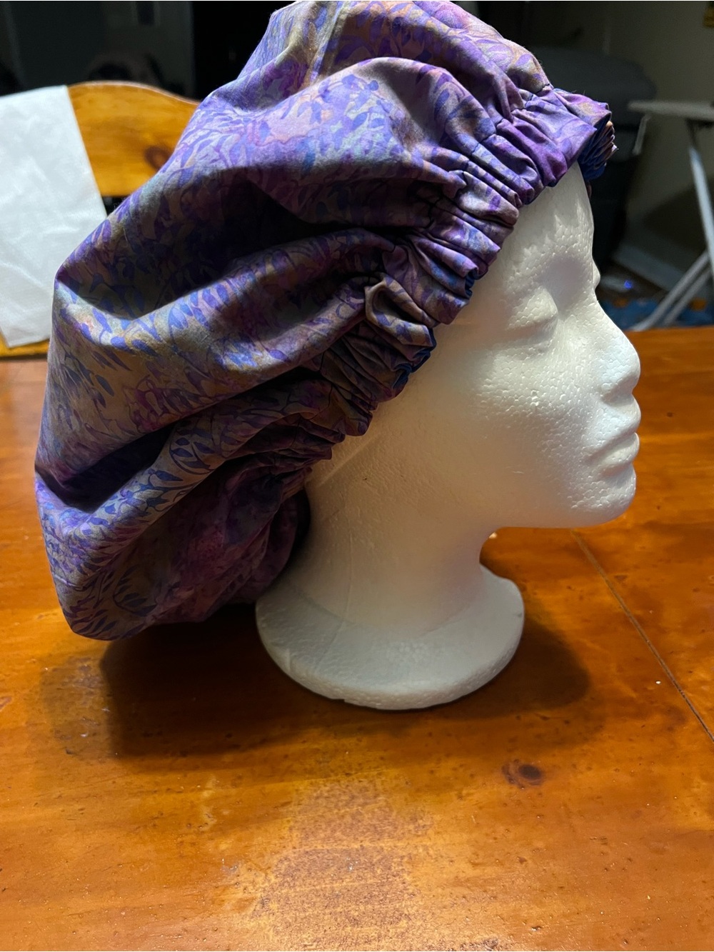 Purple Floral Satin lined Bonnet with Elastic Edge
